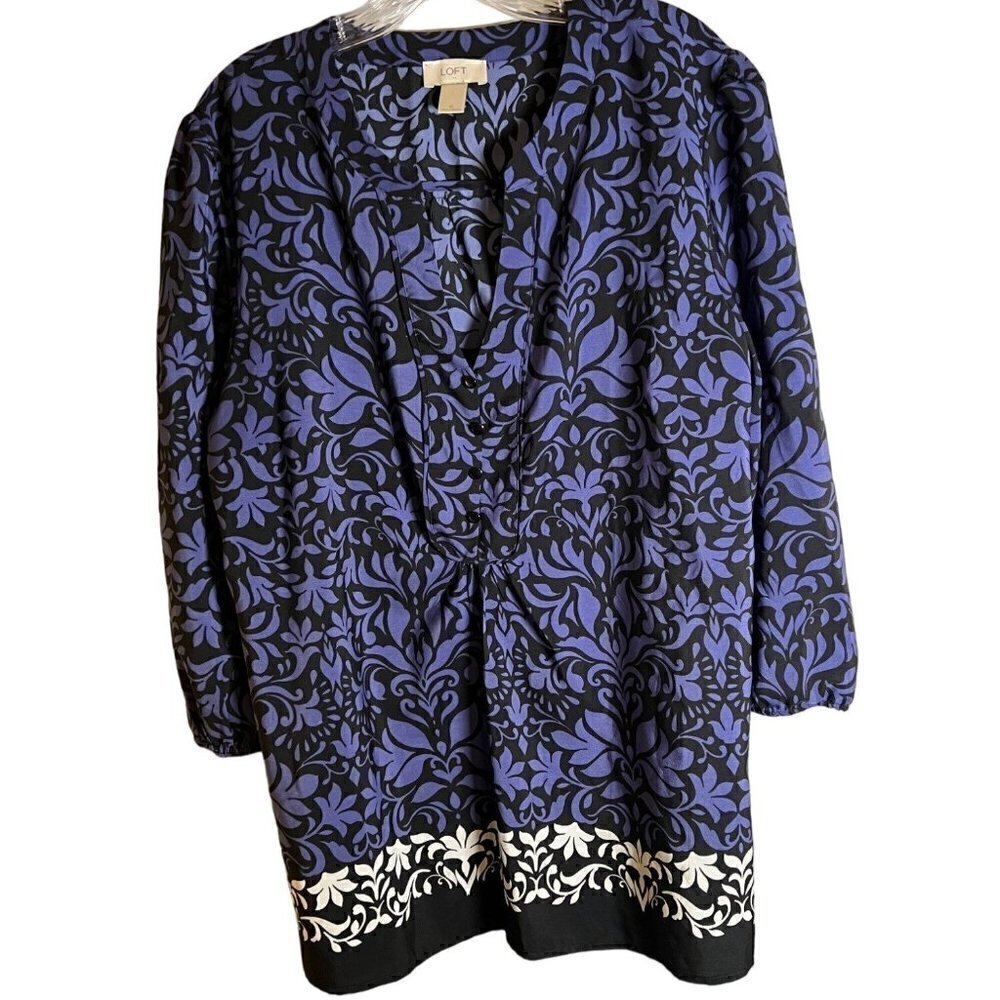 LOFT Women's Henley Floral Geometric Pattern Purple & Black Size XL Blouse